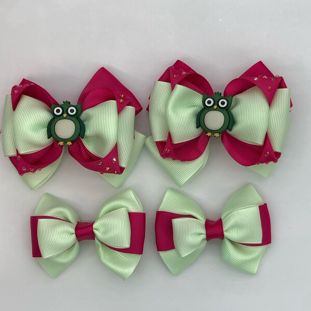 Kids Green and Pink Owl Bow Hair Clips - Set of 4